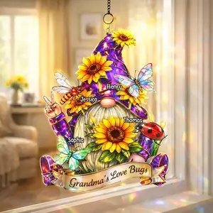 Personalized Grandma Love's Bugs G-nome Gift, Heartfelt Mother Day Gift For Grandma Mom Nana, Custom Grand Kid Name, Stained Glass Suncatcher Ornament