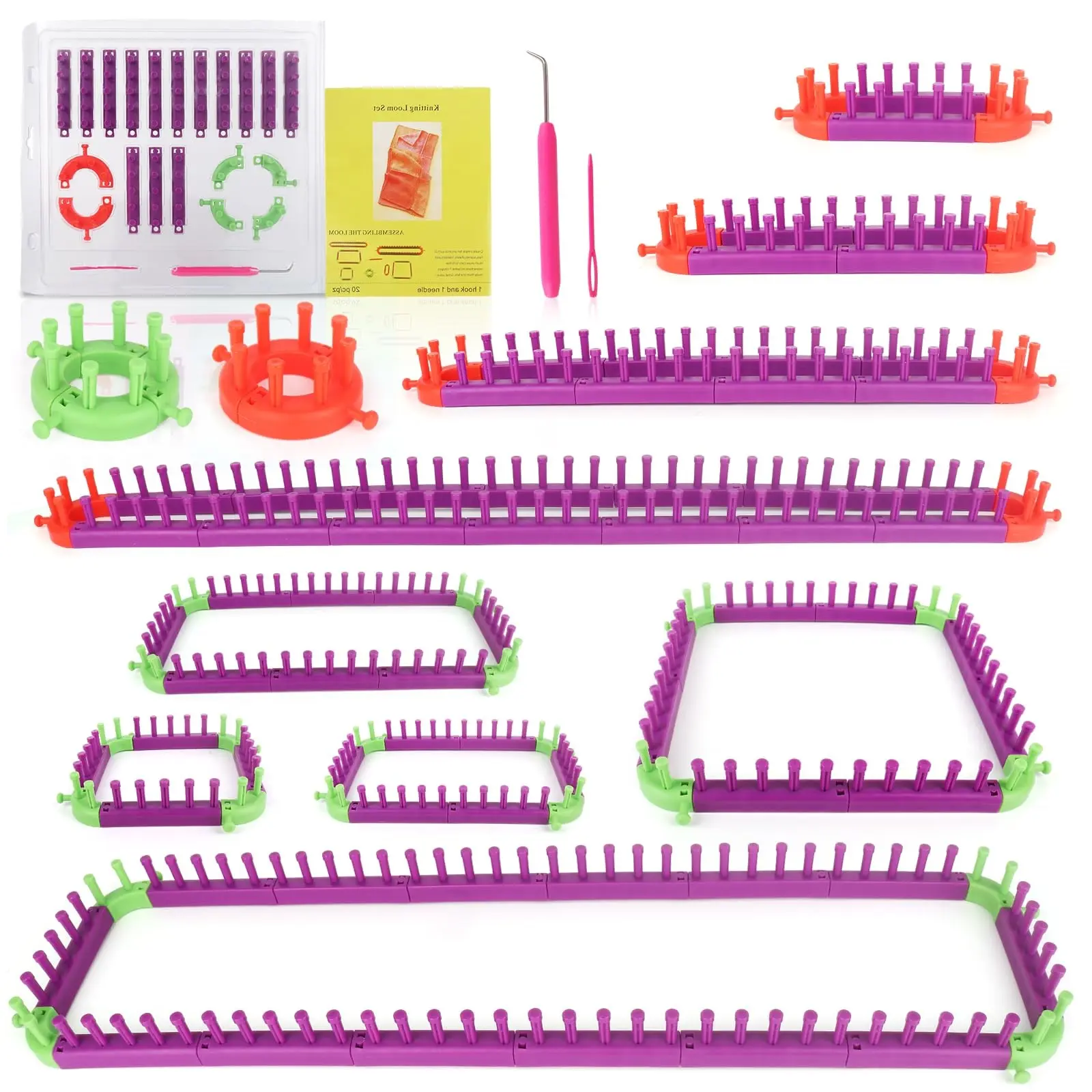 Plastic Arc-Shaped & Straight Looms Knitting Set - Adjustable Multi-Size Peg Kit with Booklet, Crochet Hook, Unisex Beginner-Friendly, Easy-Assemble, Portable Handcrafted Gift for Mother's Day, New Year (Afghan Blanket, Scarf)