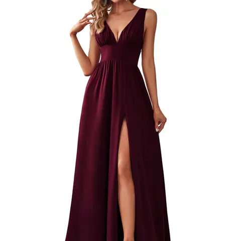 Ever-Pretty 2026 Fall Women's V-Neck Sleeveless Formal Gown - Empire Waist, High Slit Maxi, Zipper Closure, 0168B, Polyester, Basic Classy Dress, Formal Dresses for Women, Wedding Guest Gowns