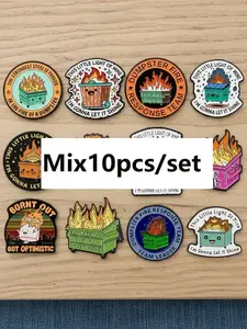 Random Mixed 10pcs/set Cute Dustbin Quote Durable Metal Pins & Brooches, Women&Men Accessories for Bags & Clothing, Perfect Gift Idea for Friends