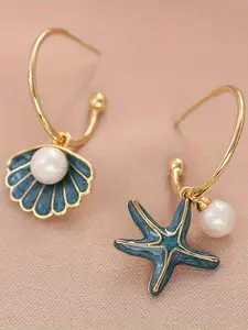 Vintage Shell Starfish Pendant Earrings, Imitation Pearl Plated Alloy, 14k, Daily Wear, Valentine's Day Gift, Mother's Day Gift