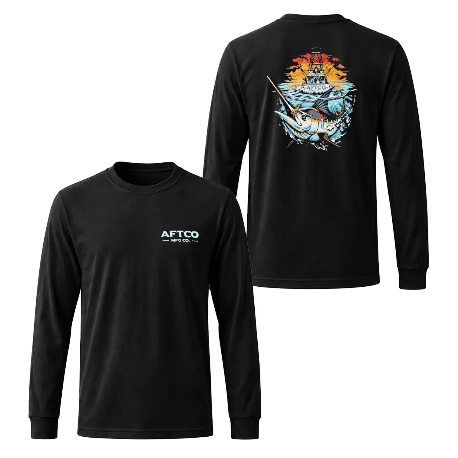 AFTCO Marlin Fishing Long Sleeve Shirt, Offshore Sport Fishing Boat Graphic Tee for Men
