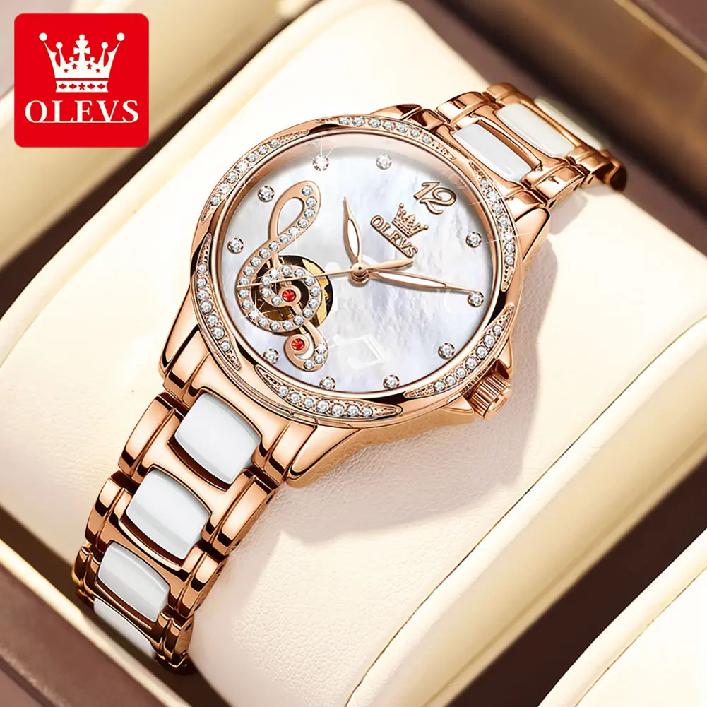 OLEVS Women's Luxury Analog Automatic Mechanical Watch Model 6656 - 35mm Round Case, Hollow Musical Note Design, Luminous Hands, 30M - 50M Waterproof, Elegant Leather Buckle Band, Mineral Glass, 12-Month Warranty, Waterproof Luminescent, 12 Months, Cerami