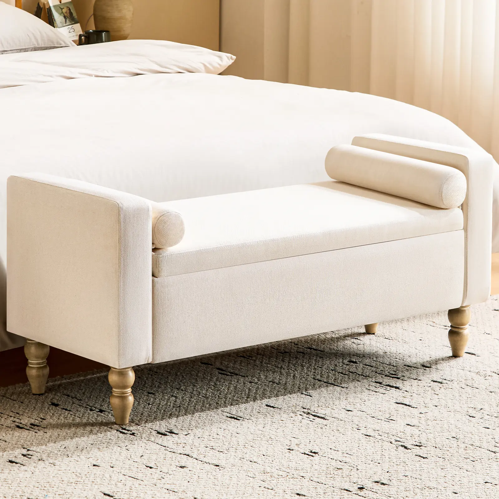 Furnimart Linen Armless Storage Ottoman Bench - 45.7-in Large Traditional Design, Solid Wood Legs, Built-in Storage, Seats 2, Requires Assembly, Short Entryway Shoe Bench, Bedroom End of Bed Chest