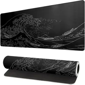 Sea Wave Large Mouse Pad, Anime Black Gaming, Extended Kanagawa Mat Desk Pad, 3mm Thick Long Non-Slip Rubber Base Mice Pad, 31.5 X 11.8 Inch