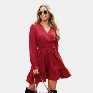 Women's Elegant Red Wrap Dress with V-Neck and Ruffle Hem - Cupshe-S-Red