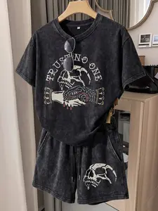 Women's Casual Two-Piece Set, Washed Oversized Short Sleeve Shorts, Skull Snake Print, Vintage Street Fashion, Perfect for Holidays