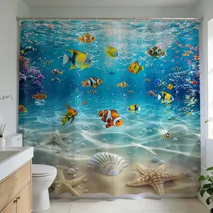 1 Pc Create an ocean-inspired bathroom design with fish and seashell prints ideal for bathroom renovation adding color and creativity to home decoration with this aquatic-themed curtain, Waterproof shower curtain