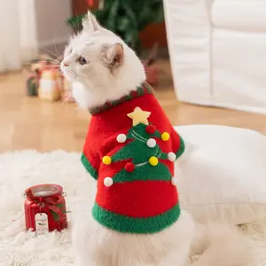 Winter Christmas Style Cat Clothes Warm Sweater Vest Cape with Festive Tree Design Comfortable Non-Pilling Pet Apparel for Cozy Winter Comfort