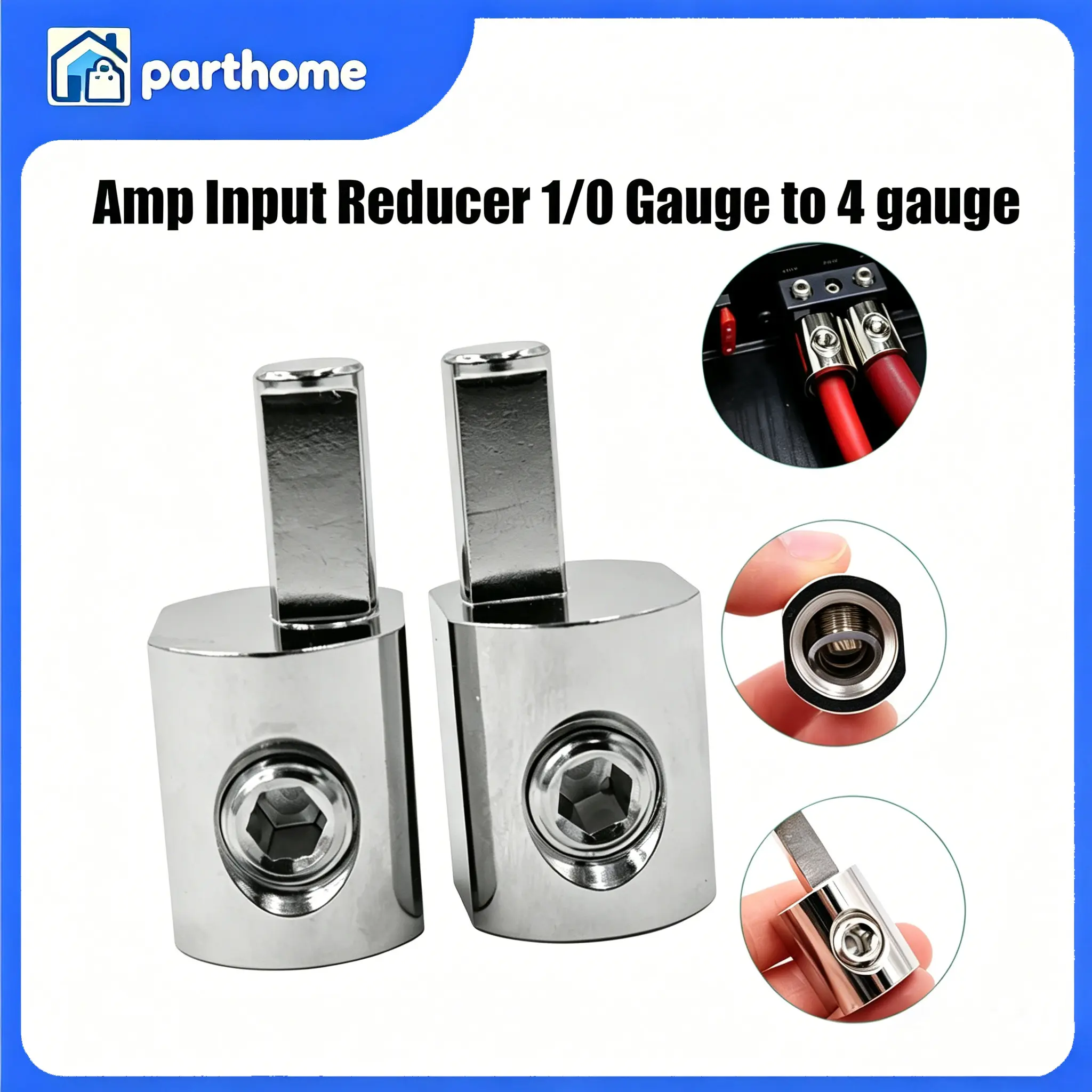 1/0 to 4-Gauge Car Audio Gauge Adapter, Nickel-Plated 6061 Aluminum Amplifier Input Connector with High Conductivity, Rust-Proof for Automotive Power Ground Cable Wiring Modification