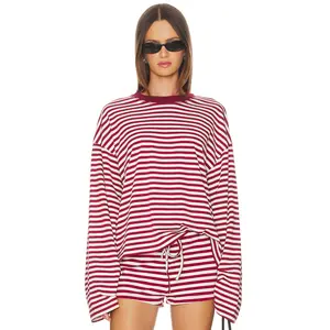 LIONESS Bloom Long Sleeve Top in Wine Stripe