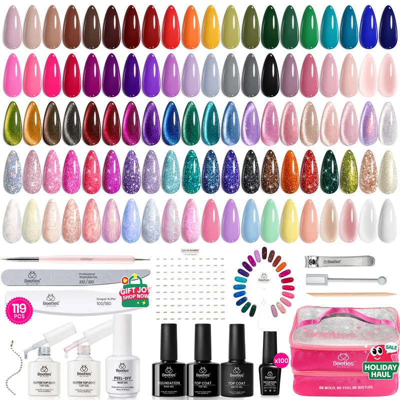 Beetles Gel Nail Polish Nail Art Manicure Set, 100 Colors 5ml Gel Polish Set Base Coat Glossy Matte Glitter Top Coat Gel Nail Polish Glitter Pearl Gel White Red Brown Green Blue Pink Nude Gel Gift for Women #Summervibes, Nail Care, Cosmetic