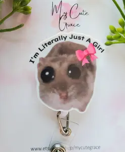 Sad Hamster Badge Reel: Girly Coquette Meme, Coworker Gift