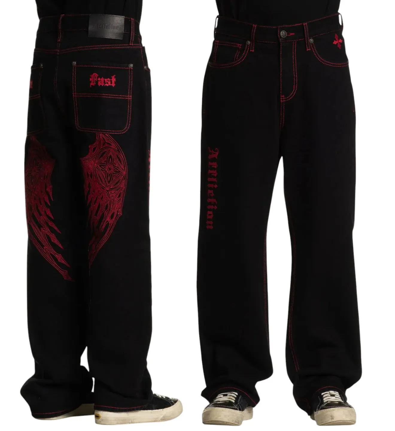 Affliction Men's Wide Leg Jeans in Rigid Stretch Denim with Wings Detail, 32" Inseam Casual Menswear, Black/Rinse, Casual Wear, All Seasons, Jeans Pants, Mid Waist, Plain