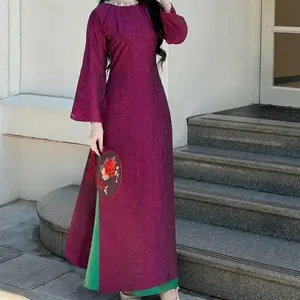 Áo dài gấm Thủy Tiên kết phần cổ kèm quần xanh - Vietnamese traditional dress.