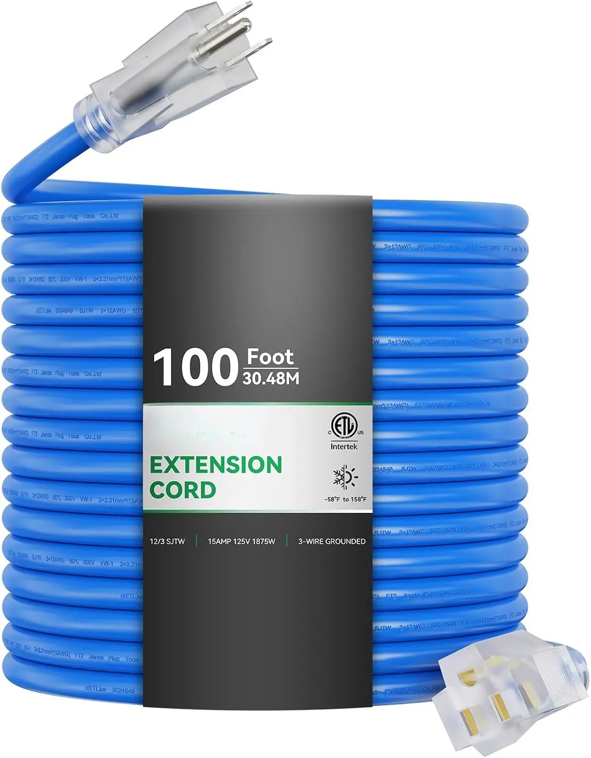 12 Gauge Extension Cord 100FT, Heavy Duty Lighted 3-Prong Grounded Plug Power Cord, 15A 125V 1875W SJTW ETL Listed, Flexible for -58F to +140F Weather, Blue for Power Tools Backyard Lighting