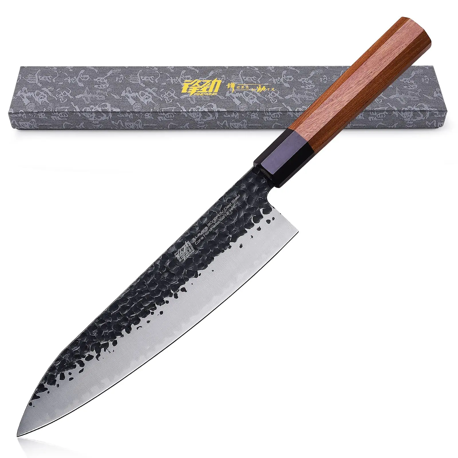 FINDKING Dynasty Series 8-Inch Japanese Professional Chef Knife, 9Cr18MoV High Carbon Steel Blade, African Rosewood Octagonal Handle, Sharp Knives for Meat Cutting