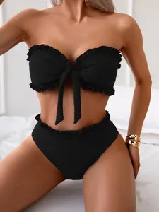 Women's Solid Bikini Set, Casual Swim Top & High Waist Swim Bottom, Two-piece Swimsuit for Beach Holiday Vacation, Bikini Swimsuits, Bikinis Set, High Waist Swimwear, Ruffle Bathing Suit, Bandeau Bikini Set