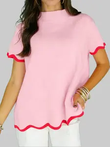 Pink Stand Neck Contrast Wavy Trim Short Sleeve Sweater Casual Summer Solid Soft Knit Top for Women Daily Fashion Shift Silhouette Chic Style Apparel