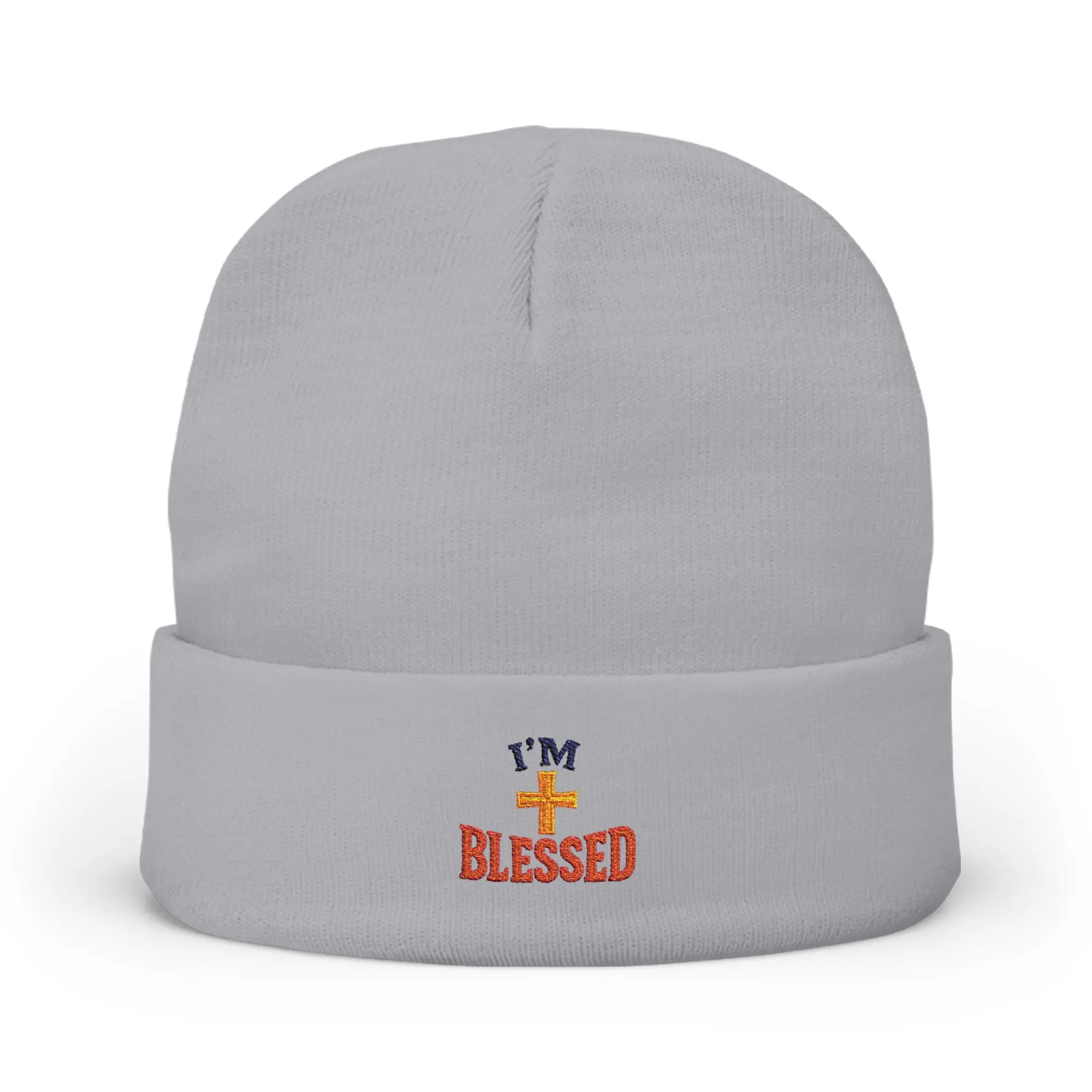 Women's Breathable Knit Cotton-Blend Beanie - 1-Size, Cross Motif Embroidered, Folded Cuff, Form-Fitting "I'm Blessed" Design, One-Size