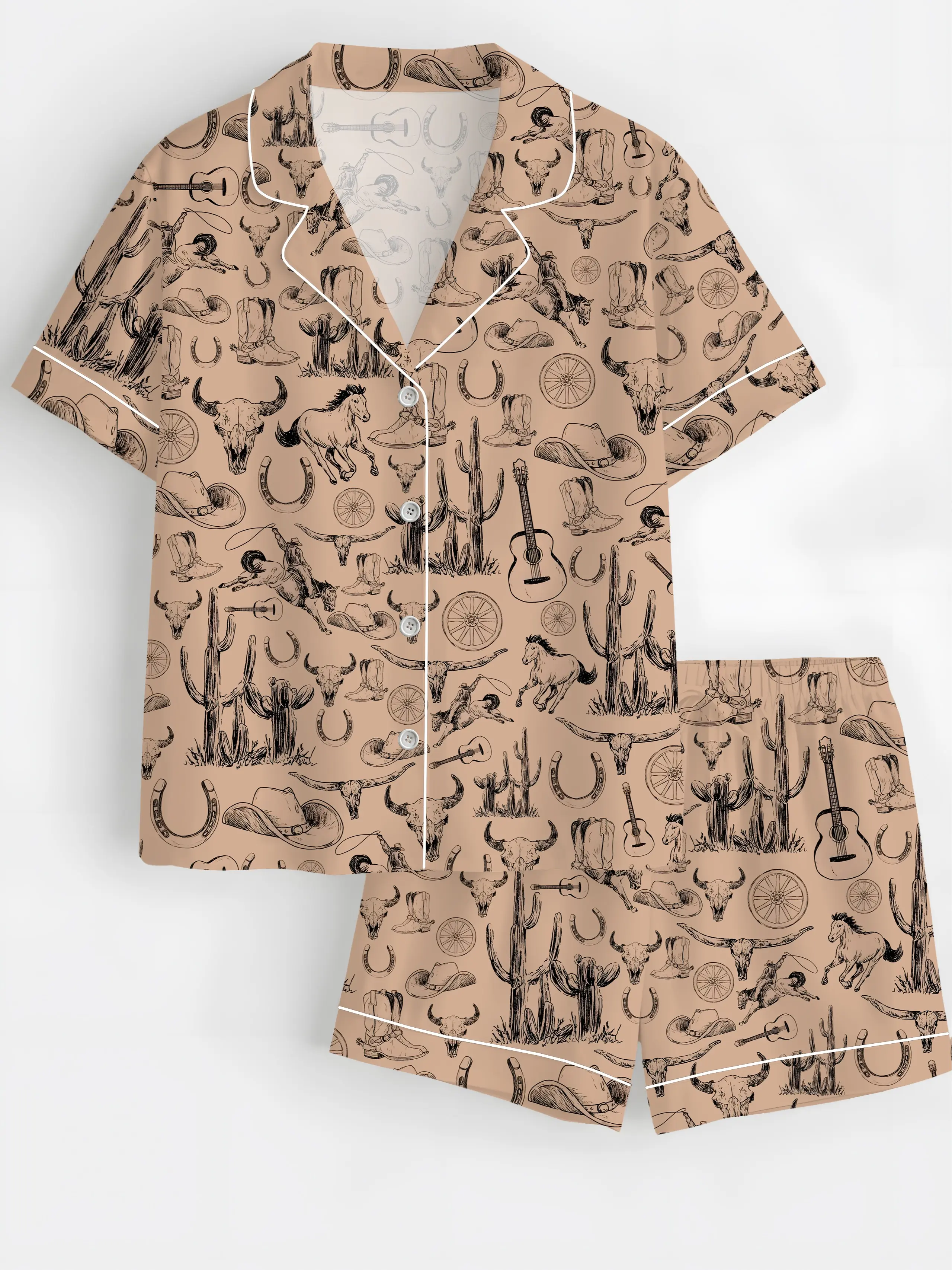 Horses Cowboy Pajamas Set, Cowboy Western Women Pajamas, Buffalo Head Midnight Shirt, Trendy Set Of Pajamas, Matching Pajamas Set