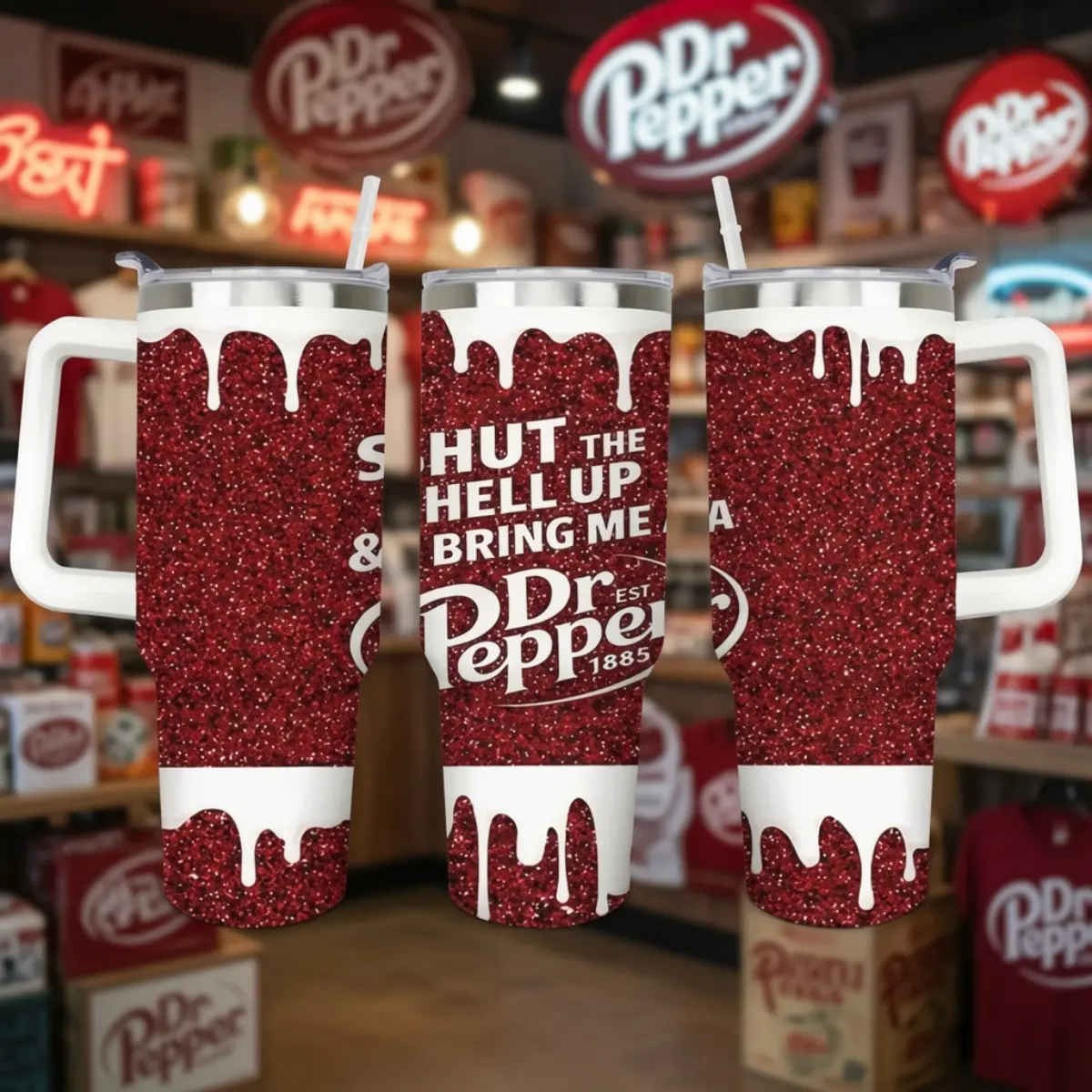 Funny Dr Pepper 40oz Tumbler With Handle & Straw, Shut The Hell Up & Bring Me A Dr Pepper, Stainless Steel, Flasks For Soda Lovers Birthday Gift, Coffee & Water Hydration Mug, Large Capacity Car Cup, Vacuum Double Wall, Cute Gift For Women Men