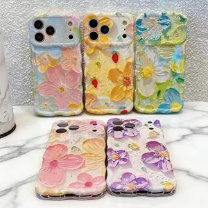 Elegant Cover for iPhone 17 11 12 13 14 15 16 Pro Max Vintage Oil Painting Blossom Shiny Lovely Wave Frame Delicate Case