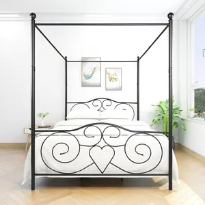 Queen Size Metal Canopy Bed with Vintage Style Headboard and Footboard, Queen Platform Bed Frame w/Slats Support & No Box Spring Needed,Easy Assembly,for Bedroom,Black