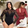 Popilush Essential Deep V-Neck Long Sleeve Bodysuit  Breathable Fabric Lace Turtleneck with Built-in Bra & Tummy Control Casual SohoChic