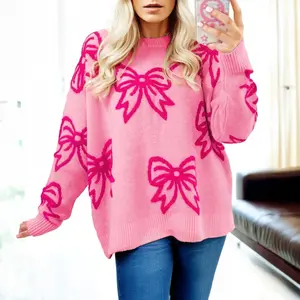 Asvivid Women's Bow Pattern Round Neck Shoulder Loose Pullover Sweater Valentine's Day Long Sleeve Knitwear Sweaters Tops Womenswear