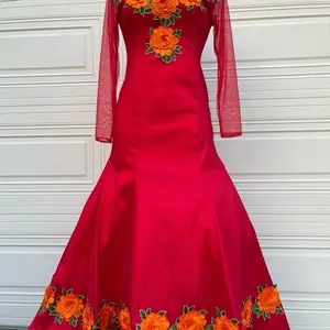 Red Taffeta Dress with Sleeves and Rebozo - Long Sleeve, Fitted, Plain Design, Suitable for Summer, Party, and Casual Wear
