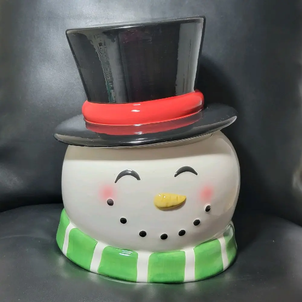 Festive Snowman Cookie Jar with Black Hat and Green White Scarf Storage Canister