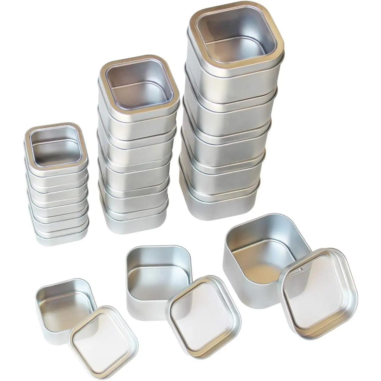 18-Pack Empty Square Silver Metal Tins with Clear Window for Candle Making  Candies Gifts & Treasures Mixed Sizes