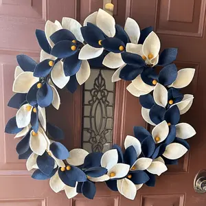 and Cream Felt Flower Wreath, 18 Inch Handmade Artificial Wreath, Center, Perfect for Front Door Decor, Valentine's Day Gift