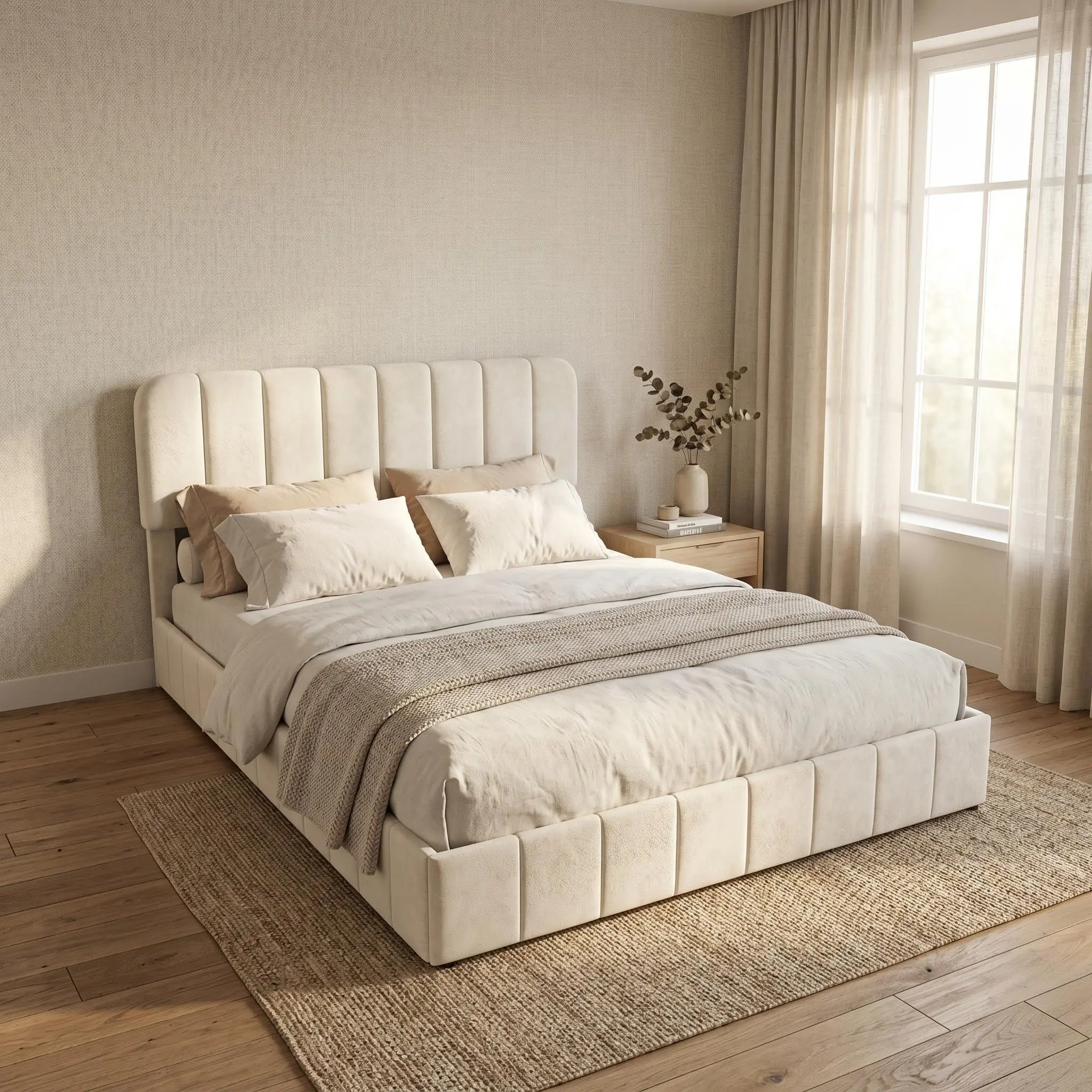 Beige Modern Velvet Upholstered Queen Apartment Bed Frame - Sturdy Platform Bed, Adjustable Height Headboard, Vertical Channel Tufting, No Box Spring Needed, Tool-Free Easy Assembly, Bedroom Furniture Decor