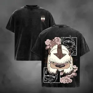 ATLA Appa Cute Vintage Oversized Cartoon Graphic Printed T‑Shirt Retro Acid Snow Wash Heavyweight Cotton Short Sleeve Top Hip Hop Streetwear Trendy Casual Daily Wear Unisex Fashion Accessories Tee For Men Women Anime Fan Gift