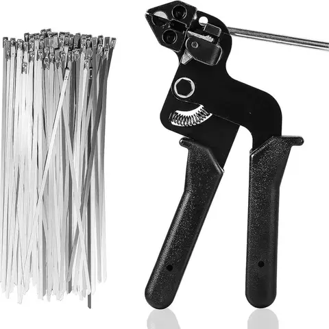 [TBES] 304 Stainless Steel Cable Tie Gun Kit - 100-Pack 11.8in (4.6mm x 300mm) 200 lbs Tensile Strength UV-Resistant Outdoor Safe Heavy-Duty Metal Zip Ties, 0.01 in, 4× Steel Strength, Trim Excess Fast, for Chain Link Fence, Coop Wire Secure