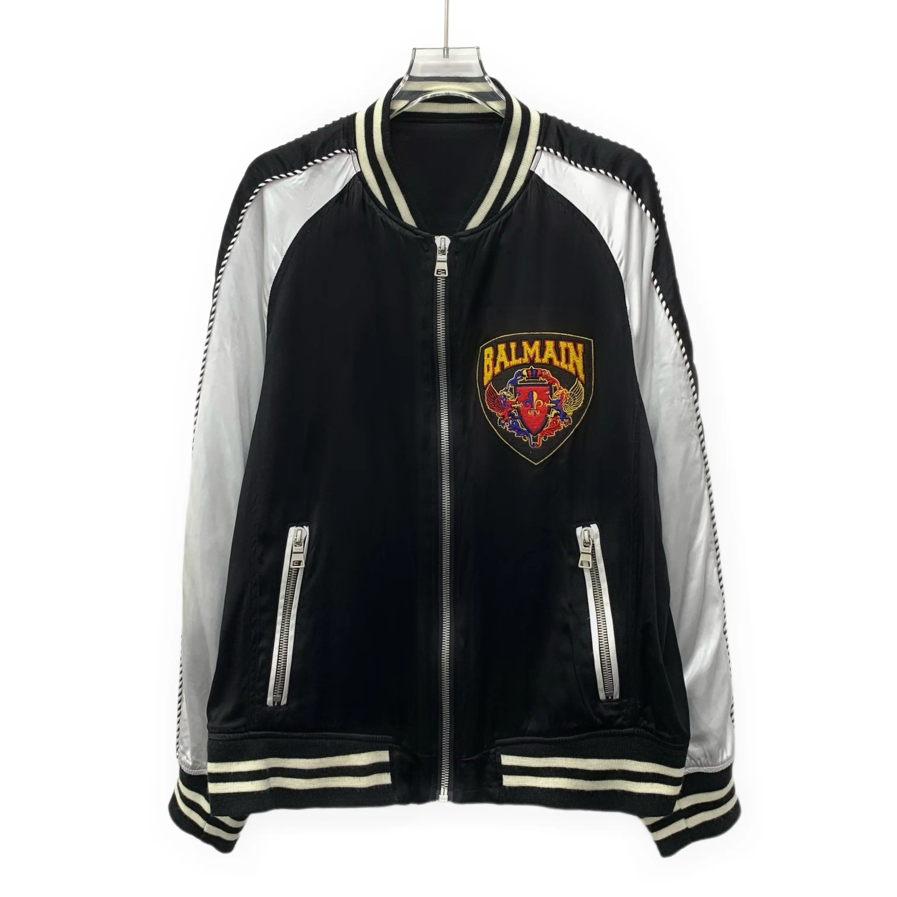 RDLT— Balmain Black Stripe Logo Embroidered Zip-Up Jacket Size L