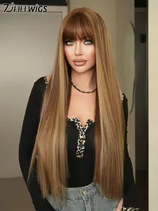 26 Inch Extra Long Straight Wig with Bangs, Synthetic Hair Wig, Synthetic Fiber, Heat Resistant, Perfect for Daily Wear & Festivals, Synthetic Fiber Wigs