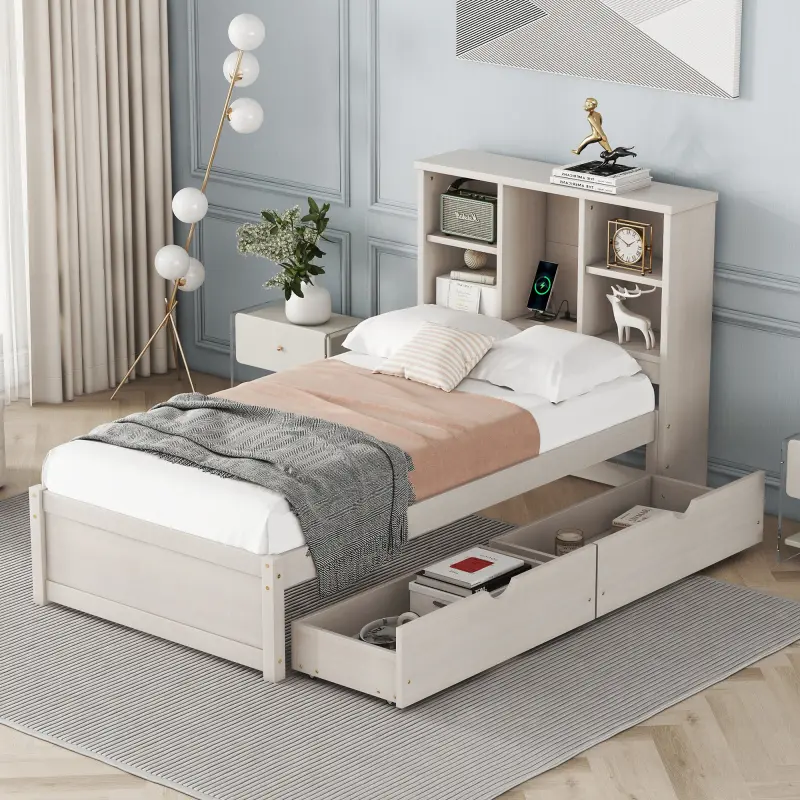 Bellemave Modern White Washed Twin Bed Frame - Indoor Home Furniture with Built-in USB Port on Bookcase Headboard, 2 Sliding Storage Drawers, Minimal Aesthetic Design for Bedroom, Twin Beds, Modern Beds