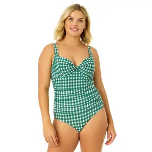 Women's Green Gingham Retro Twist Front Shirred One Piece Swimsuit
