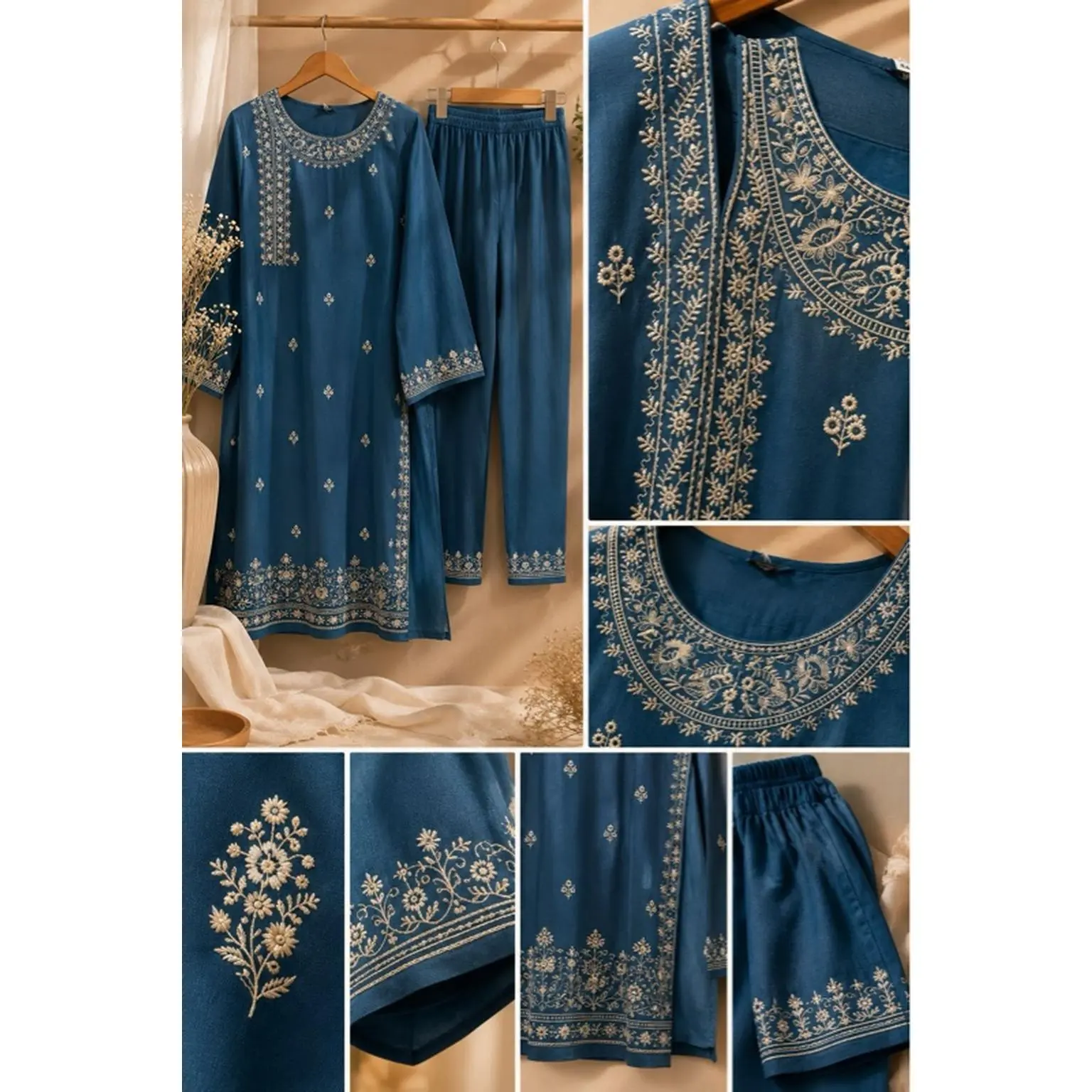 Linen Blue Kameez Shalwar with White Embroidery - Traditional Pakistani Clothing for Women