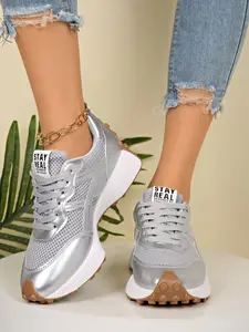 Silver Color Mesh Patchwork Retro Agony Shoes for Women, Summer New Lace-Up Low Top Breathable Casual Sports Sneakers