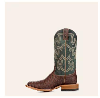 Cavender's Men's Endurance Deep Green and Brown Ostrich Print Wide Square Toe Cowboy Boots