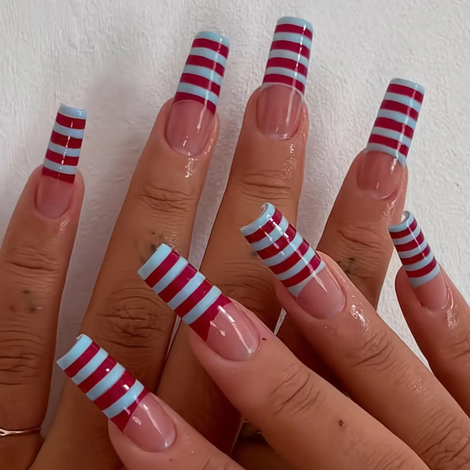 Retro Striped French Tip Nails | Blue Maroon Preppy Gel Set | Hand-Painted Reusable Nails