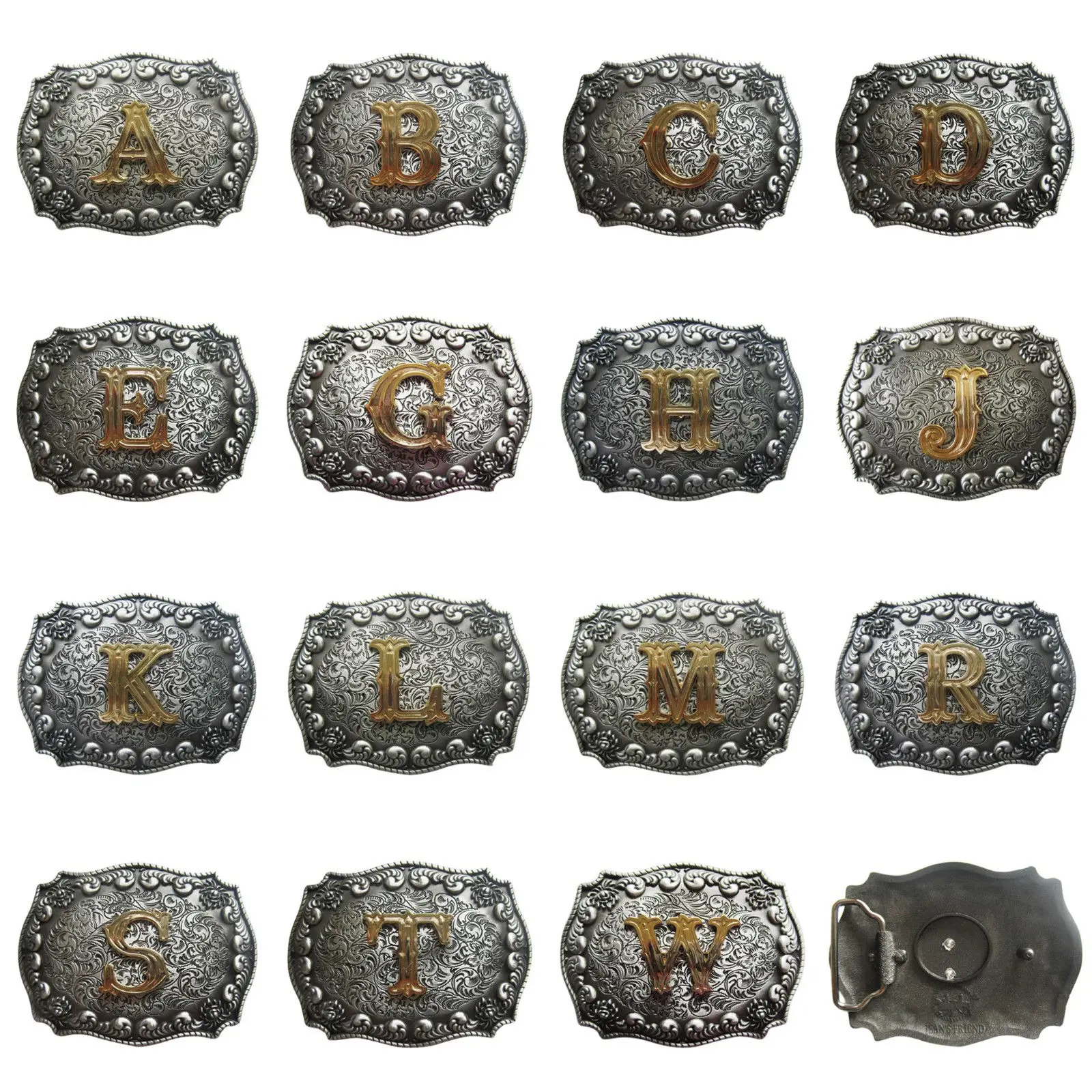 Vintage Style Western Cowboy Cowgirl Belt Buckle with Gold Plated Initial Letter