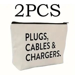 2Pcs Canvas Charger & Cable Organizer Pouch - Non-Waterproof, Letter Print Large Capacity Makeup Bag, Vacation Essentials, Multifunctional Makeup Bag, Travel Charger & Cable Organizer Pouch, Travel Essentials