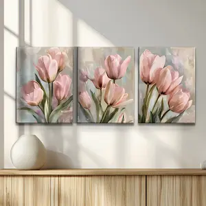 3-Piece Modern Wall Art Set, Wooden Frame Tulip Floral Design, Contemporary Print Canvas for Living Room Bedroom Decoration