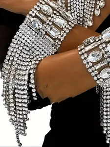 Stunning Rhinestone Tassel Wide Cuff Bracelet, Multi-Row Water Diamond Wristband for Weddings & Fashion Shows, Elegant Hand Jewelry, Rhinestone Decor Bangles