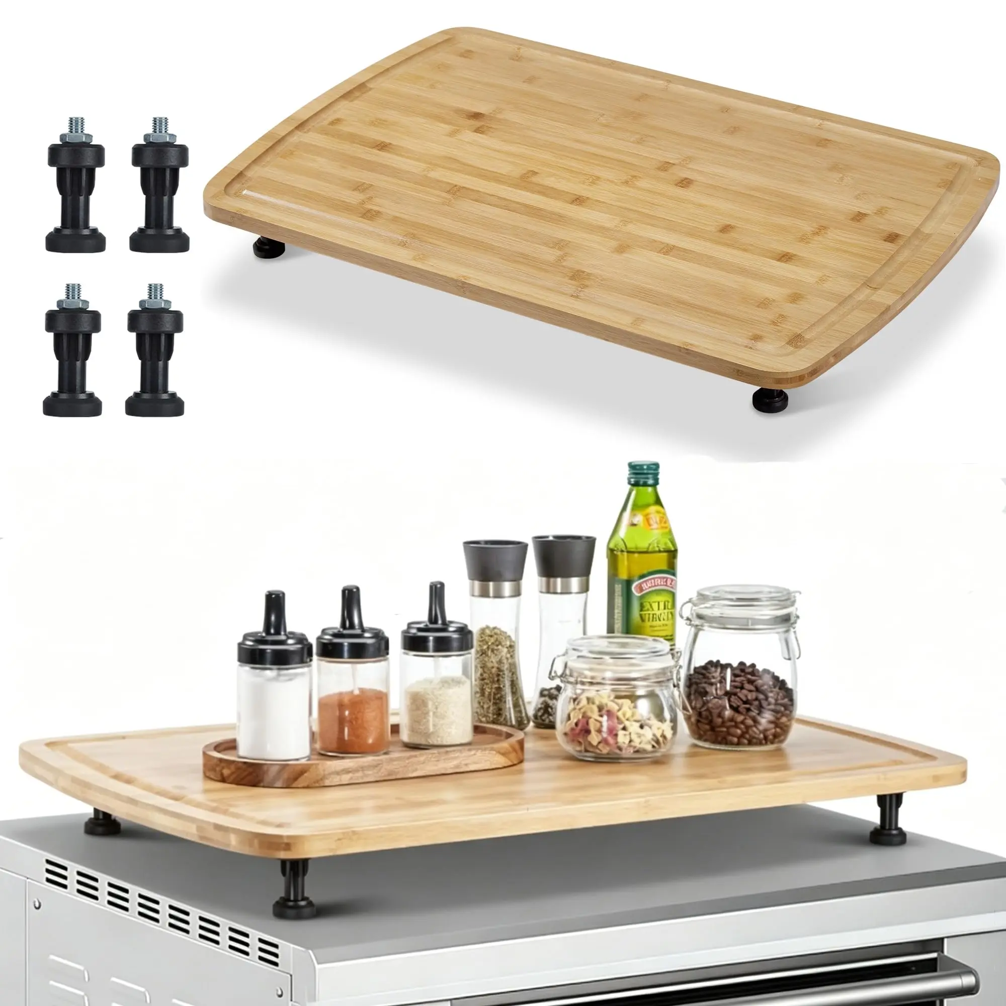 Bamboo Noodle Board Stove Cover 30x20 in, Wood Stove Top Cover Cutting Board with Adjustable Legs & Juice Grooves, RV Sink Cover Butcher Block for Small Spaces Apartments, Natural
